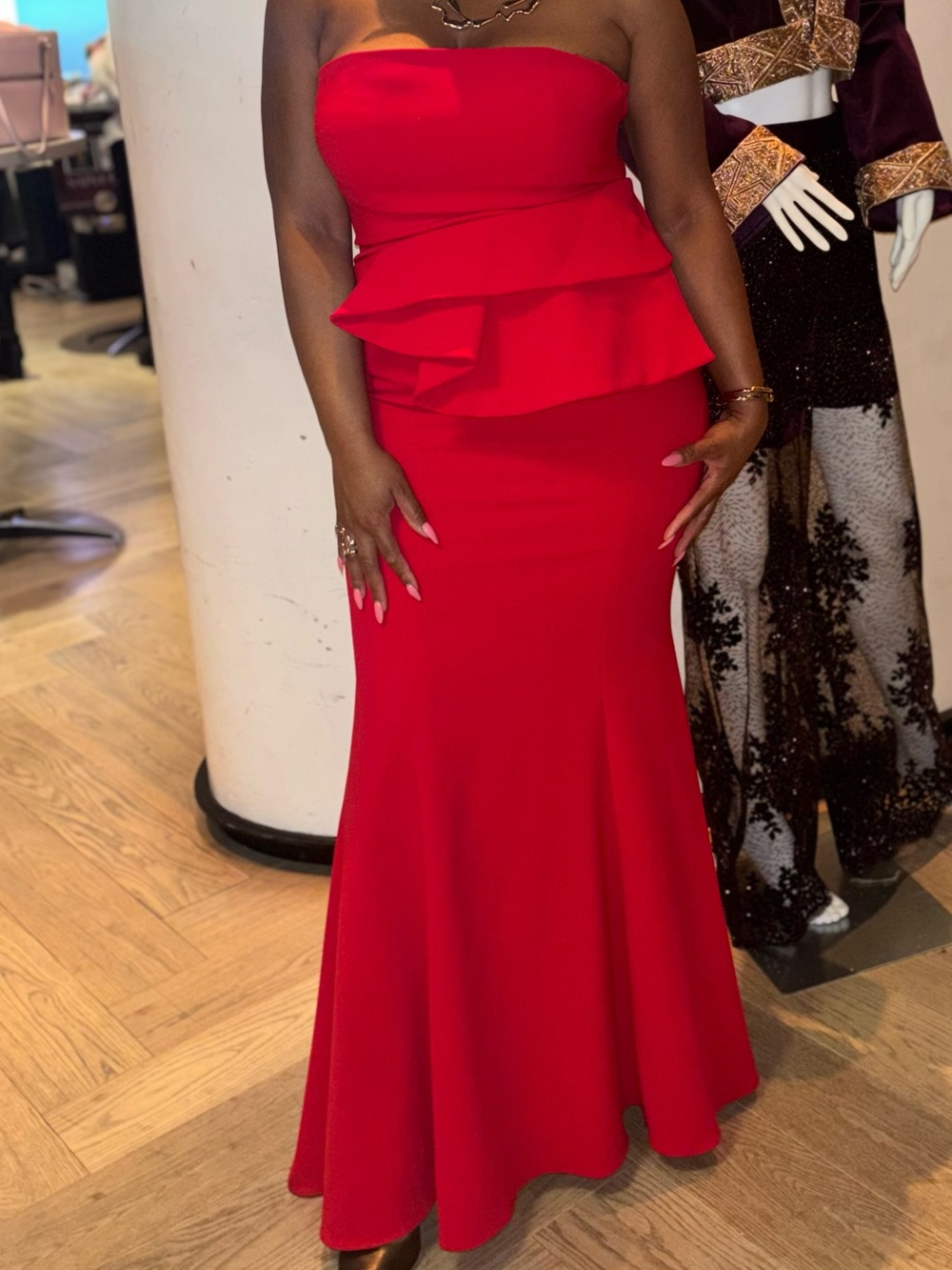 JAYGODFREY Red Strapless High-Low Ruffle Gown - Picture 2 of 3